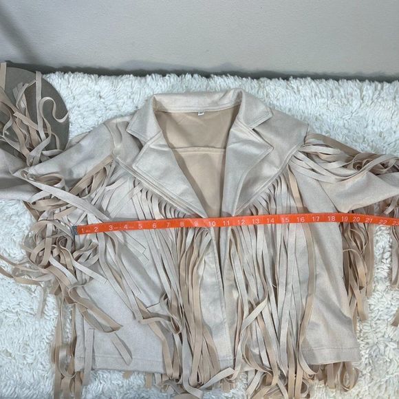 Western Tassel Notch Lapel Collar Long Sleeve Open Front Jacket Cream Size M - Picture 6 of 7